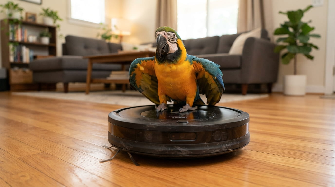 Parrot Riding a Robot Vacuum