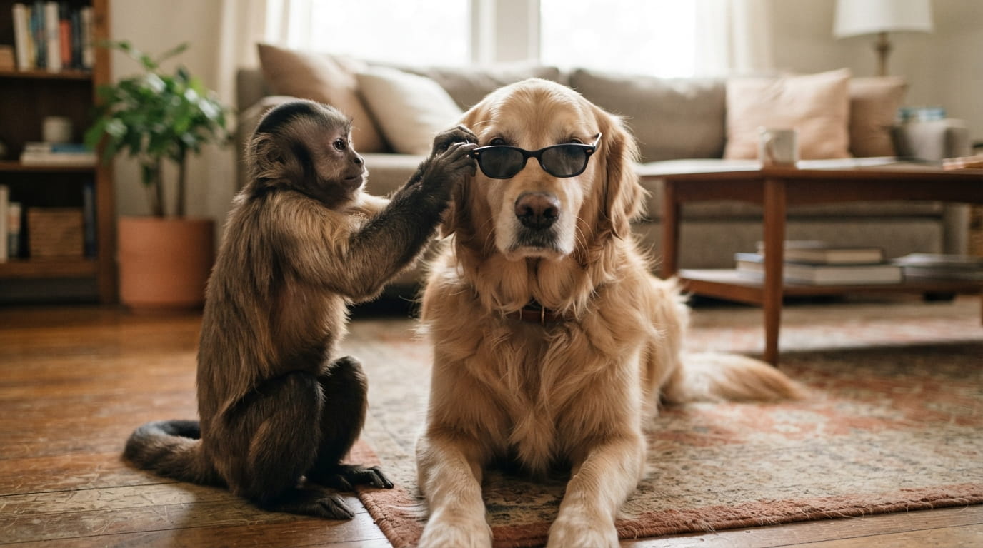 Monkey Puts Sunglasses on a Dog